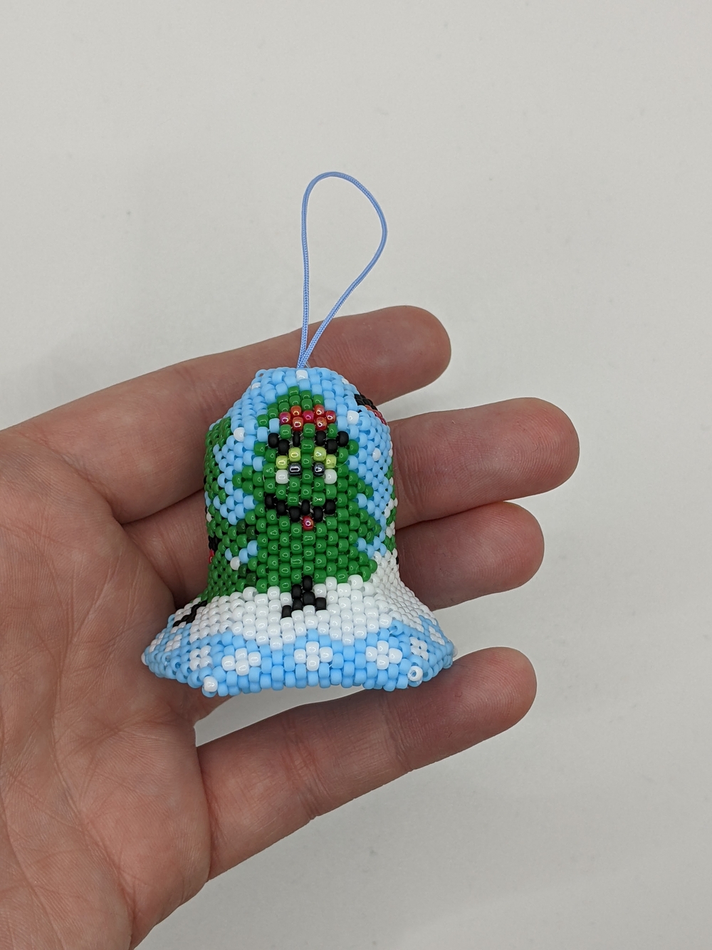 Handmade Blue & Green Beaded Bell Ornament with Tree Design